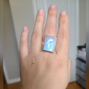 Vintage Boho Sterling Silver Chunky Moonstone Gemstone Rectangle Cabochon Ring